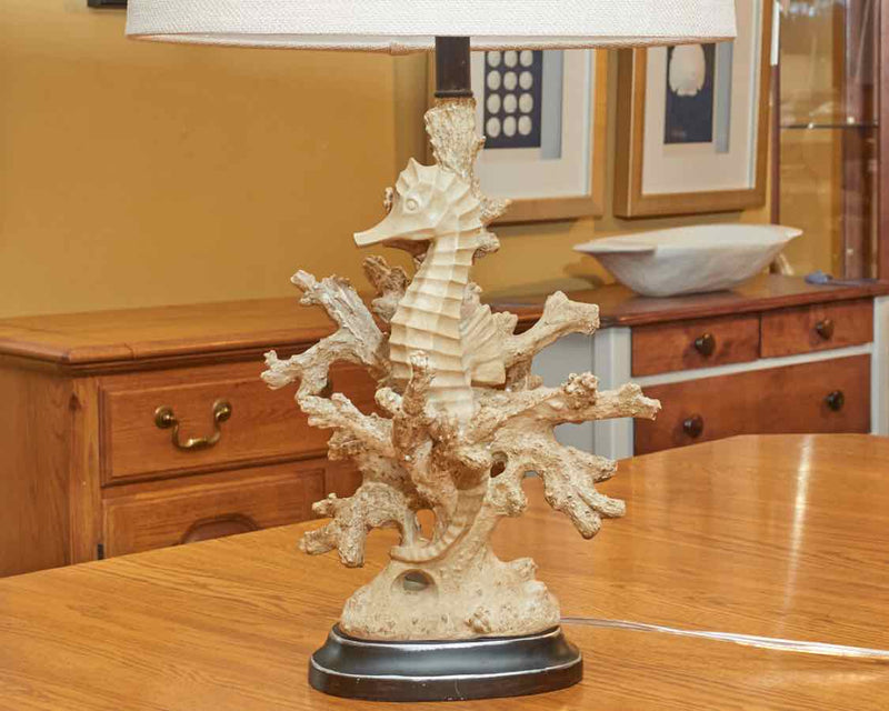 Distressed Tan Coral & Seahorse Natural Linen Drum Shade Table Lamp